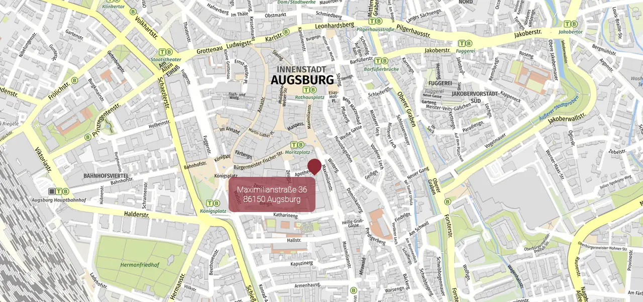 Karte vom Standort der Zahnarztpraxis Mairock & Schöngart in Augsburg